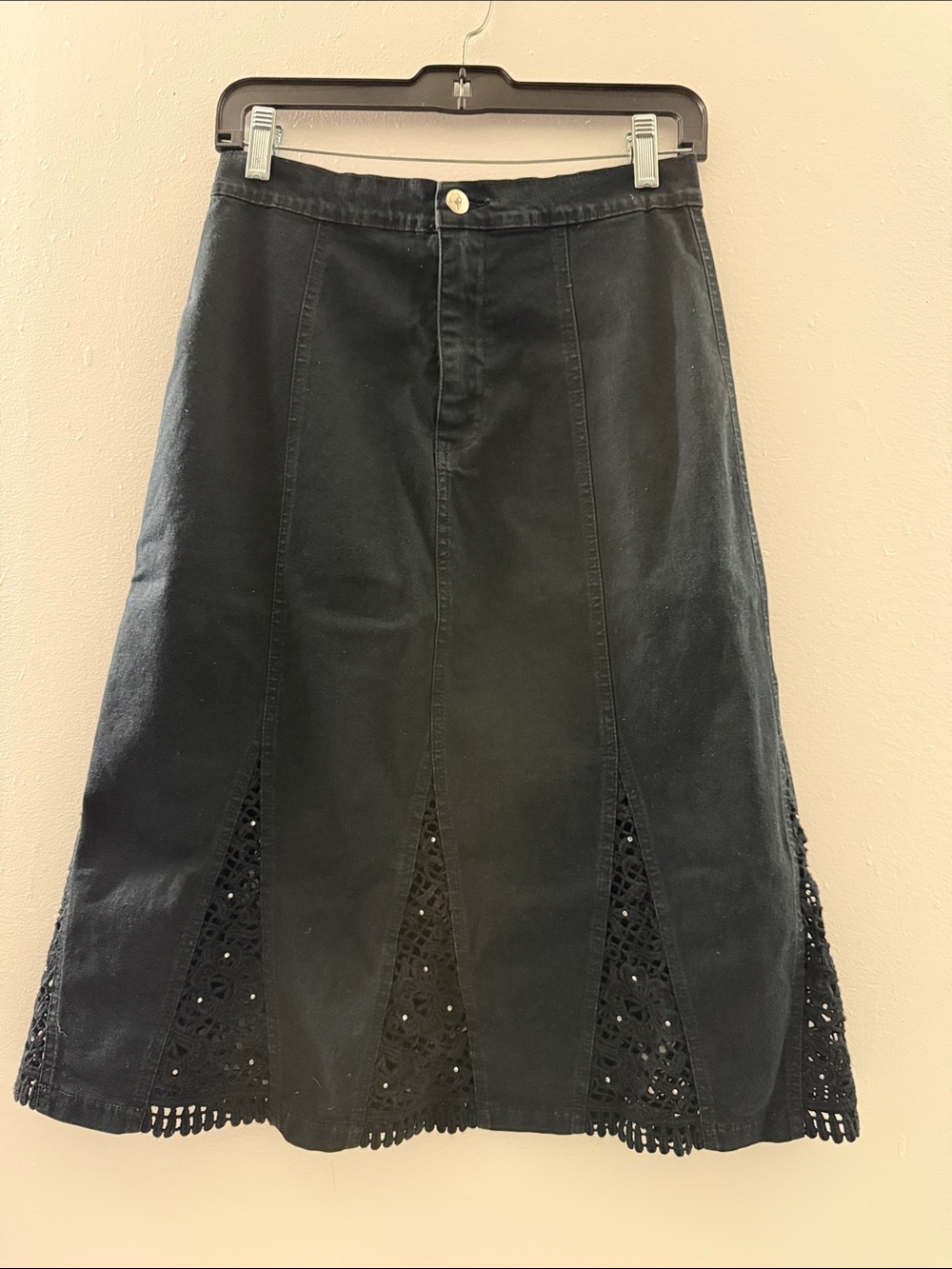 Black A-Line Midi Skirt with Lace Panels